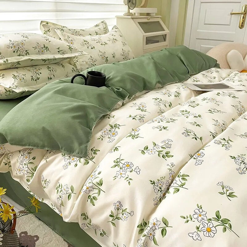 Ins Pastoral Style Green Floral Duvet Cover With Pillow Case Princess Bed Sheet Kids Girls Bedding Set King Queen Cute Kawaii