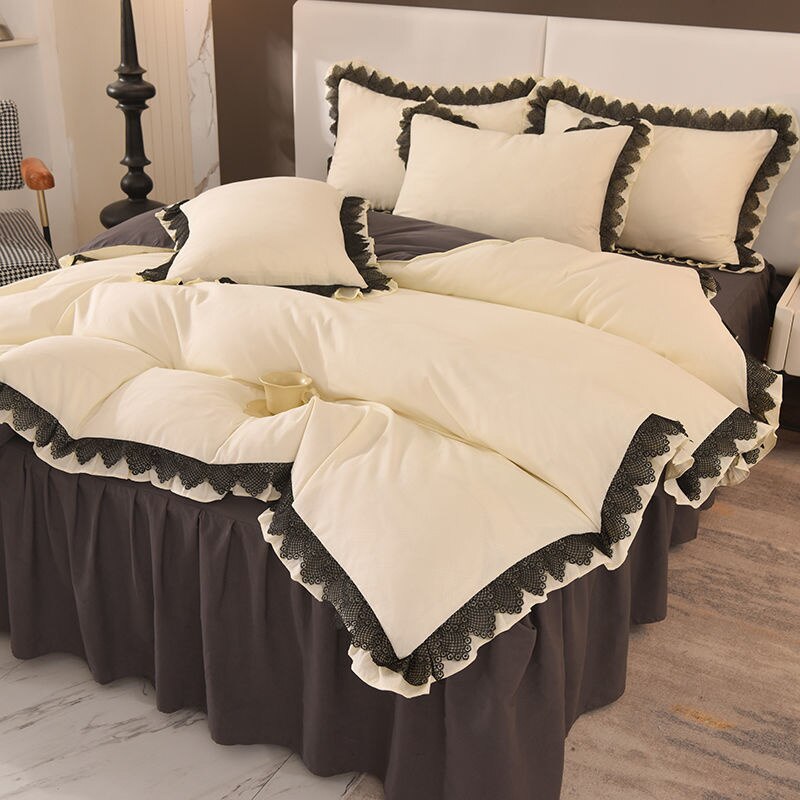 Luxury Solid Color Bedding Sets Princess Style French Lace Duvet Cover Bed Skirt Bedclothes For Girls 4 Piece Home Textiles