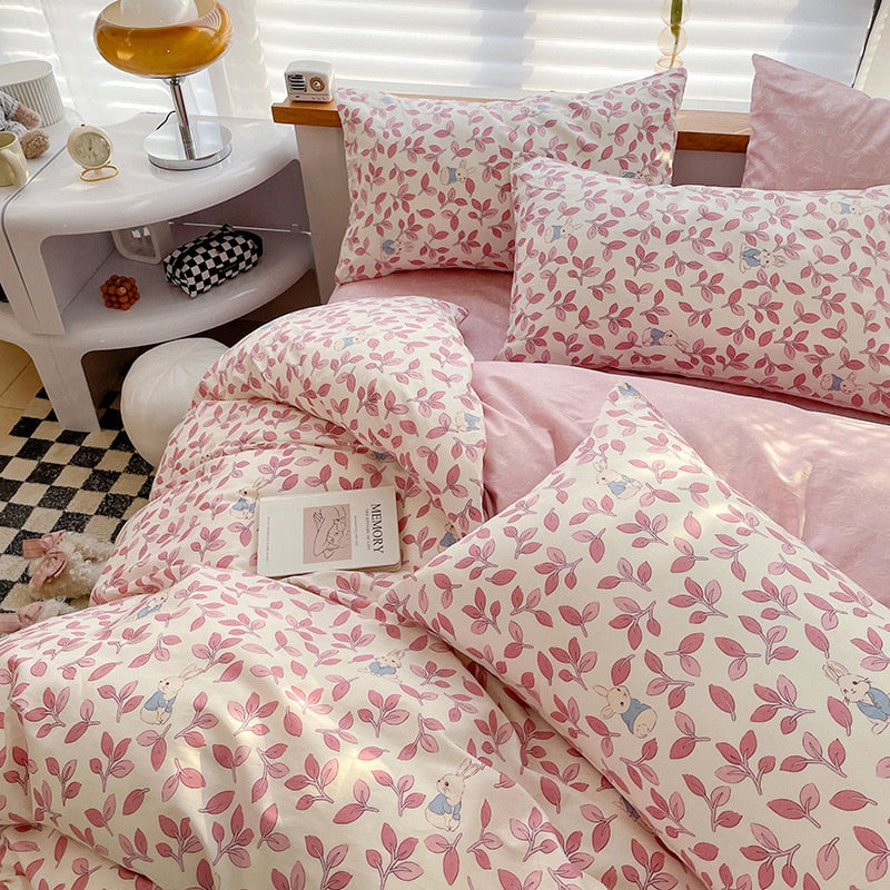 Ins Style Bedding Set Cotton Soft Flat Fitted Sheet Duvet Cover Pillowcase Floral Rabbit Boy Girls Home Textile Bedclothes