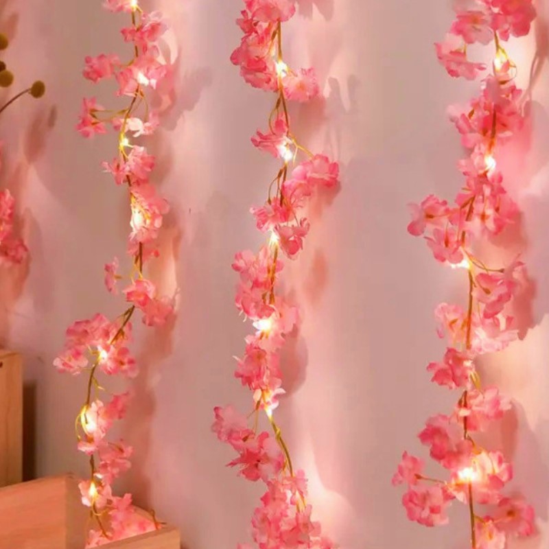 Flower Cherry Leaf String Lights Artificial Vine Fairy Lights Battery Power Christmas Tree Garland Light for Weeding Home Decor