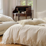 Luxury 600TC Cotton Bedding Set Princess Style Soft Lace Pillowcases Bed Sheet Duvet Cover Set 4pcs (Queen King Size,3 Colors)
