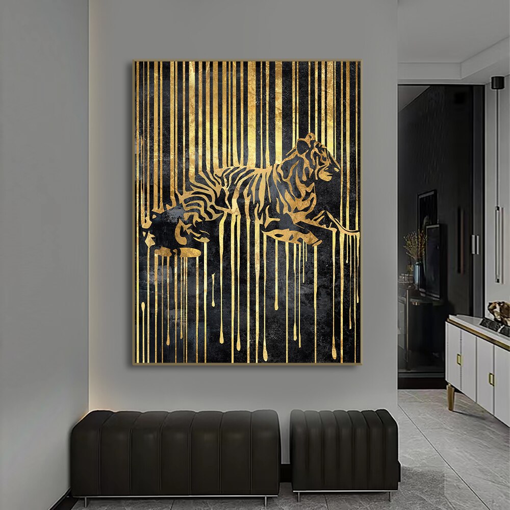 Black Golden Wall Art Canvas Painting Abstract  Lines Artwork Tiger Lions Elephant Animal Poster Prints Pictures For Home Decor