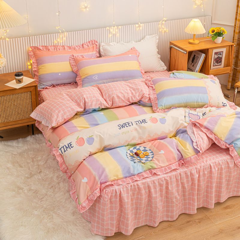 Pink Strawberry Bedding Sets Heart Bed Skirt Duvet Cover 180x220 Adults Kids Bedroom Dormitory Duvet Covers Sets Bedclothes