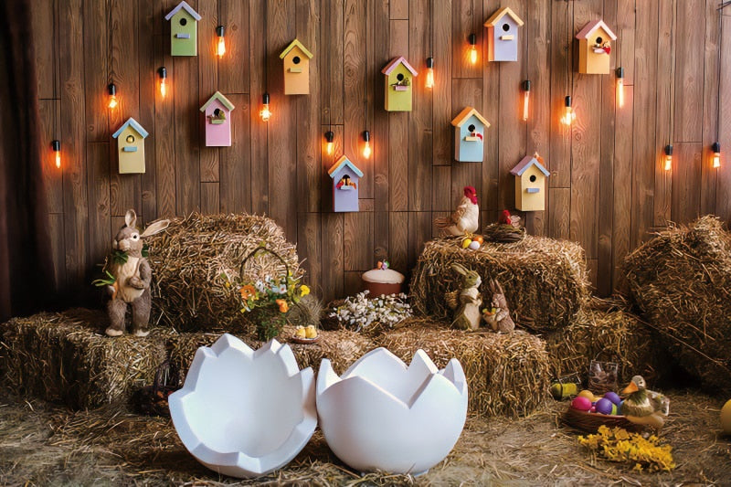 Qfdian Party decoration hot sale new Spring Easter Backdrop Brick Wall Egg Rabbit Newborn Baby Birthday Party Decor Wood Floor Photography Background Photo Studio