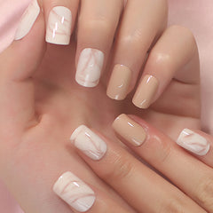 Qfdian Natural Nude Color Press On Nails Marble White Artificial False Nails Square Short Glossy Pattern Tips with Glue Sticker