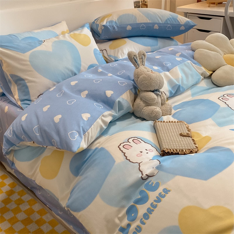 Qfdian Four Piece Bedding Set Cartoon Printed Cotton Bedsheets Set with Pillows Case Quilt Cover Three Piece Suit Home Textiles