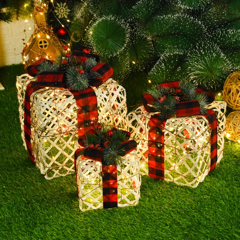 Qfdian Christmas Decoration Three-piece Gift Box Christmas Tree Ornaments Luminous Iron Art Home Outdoor Christmas Decorations Mall