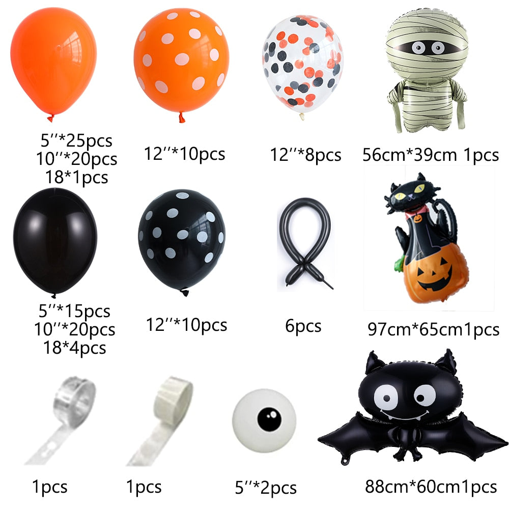 Qfdian halloween decorations halloween costumes halloween gift  126Pcs Halloween Black Orange Balloon Garland Kit 3D Bat Spider Cat Aluminum Foil Balloon Halloween Party Background Decorations