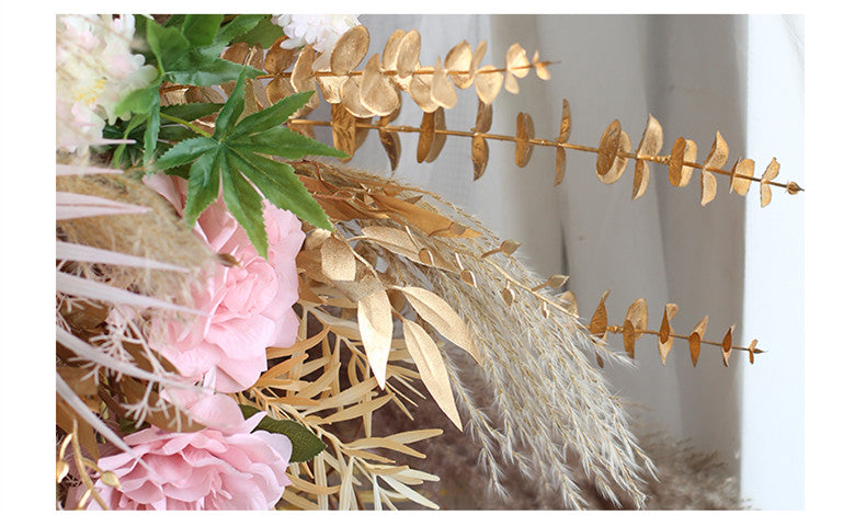 Qfdian Natural Dried Pampas Grass Gold Leaf Artificial Rose Flower Row Arrangement Wedding Props Arch Backdrop Deco Wall Hanging Floral