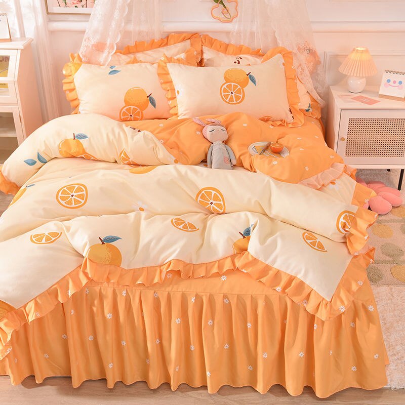 Girls Flowers Bedding Set Korean Princess Lace Ruffle Bed Skirt Quilt Cover Floral Duvet Cover Decor Home Simple Bedclothes