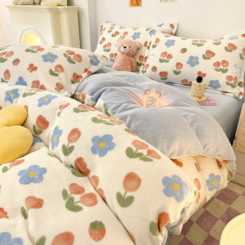 Winter Thick Warm Plush Comforter Cover Queen Bedding Sets Cartoon Quilt Cover Bed Sheet Pillowcase 4pcs Luxury Bed Linens