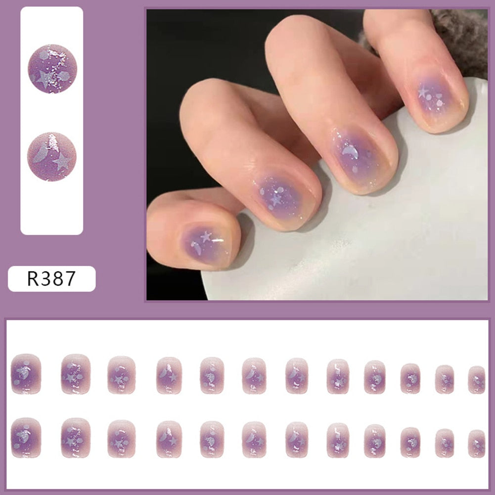 24pcs Gradient False Nails Cute Star Printed Design Fake Nail Short Square Faux Ongles Manicure Nail Stickers Press On Nail Tips