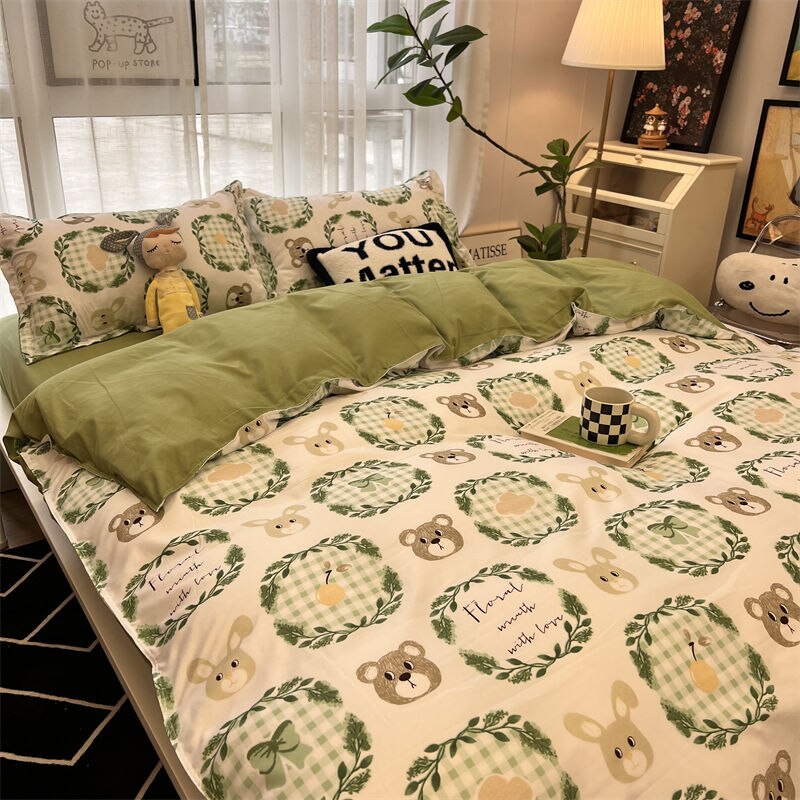 Kawaii Dog Bedding Set Flat Sheet Duvet Cover Pillowcase Boys Girls Single Double Full Size Bed Kids Black White Home Textile