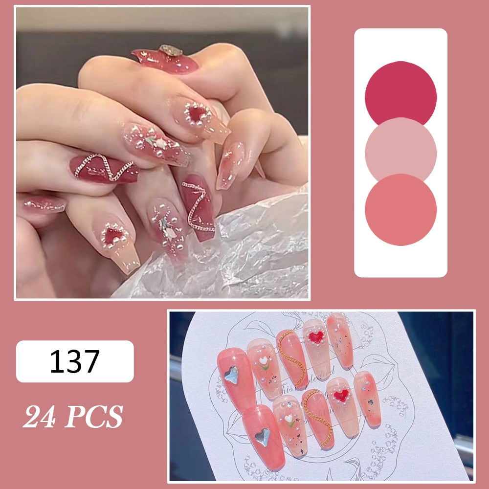 24Pcs Coffin Pink False Nails 3D Heart Diamond y2k Mid-length Fake Nails Full Finished Tulip Pattern Fake Nail Patches For Girls