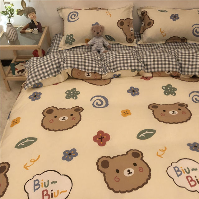 Boys Girls Bedding Set Fashion Adult Children Bed Linen Duvet Quilt Cover Pillowcase Cute Cartoon Bear Polyester Flat Sheets