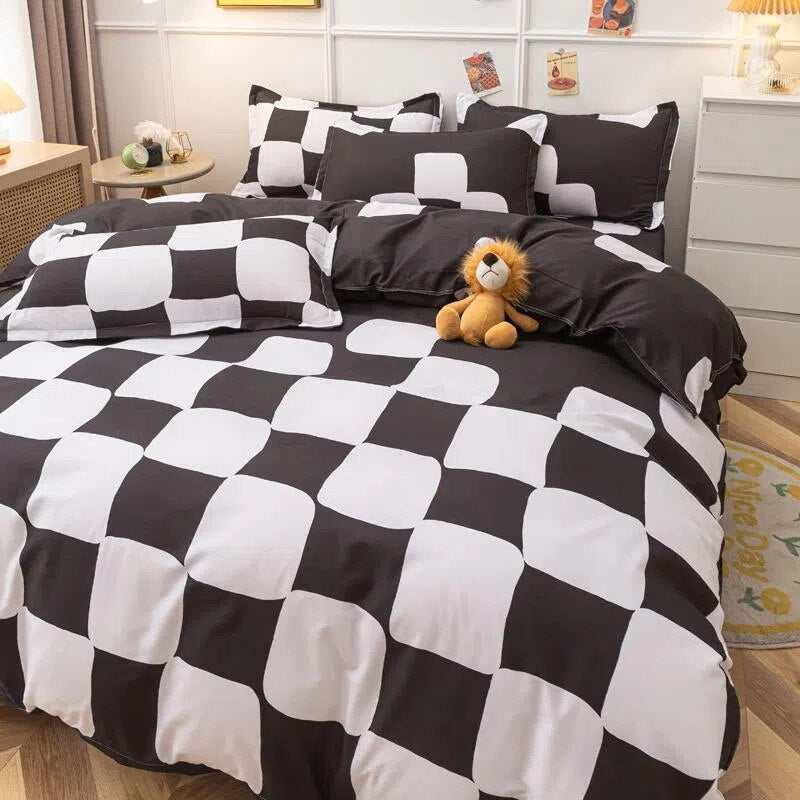 Nordic Pink Black Checkerboard Duvet Cover Sets With Pillow Case Bed Sheet Kids Girls Bedding Sets King Queen Twin Kawaii