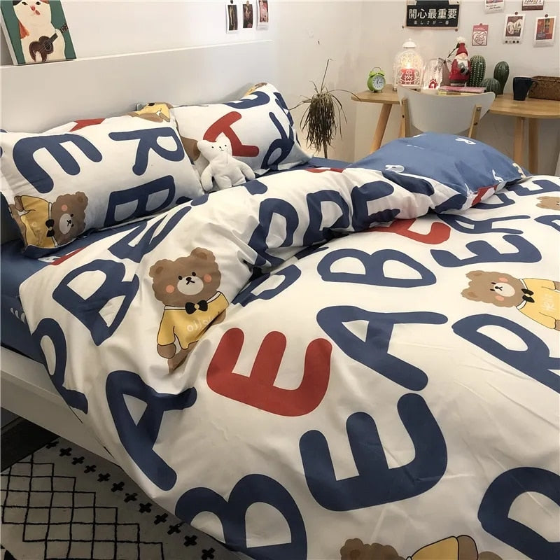 Boys Girls Bedding Set Fashion Adult Children Bed Linen Duvet Quilt Cover Pillowcase Cute Cartoon Bear Polyester Flat Sheets