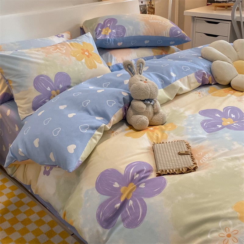 Qfdian Four Piece Bedding Set Cartoon Printed Cotton Bedsheets Set with Pillows Case Quilt Cover Three Piece Suit Home Textiles