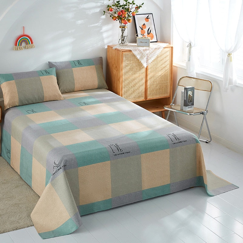 Qfdian Fashion Colorful Plaid Print Bed Sheet Set 100% Cotton Skin-friendly Single Double Bedsheet Sets Home Flat Sheet Pillow Covers