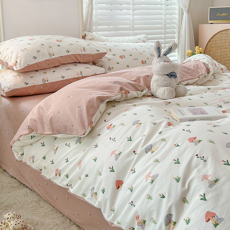 Cotton Bedding Set Pastoral Style Floral Bear Fitted Sheet Duvet Cover Pillowcase Fashion Cartoon Boy Girls Dormitory Bedclothes