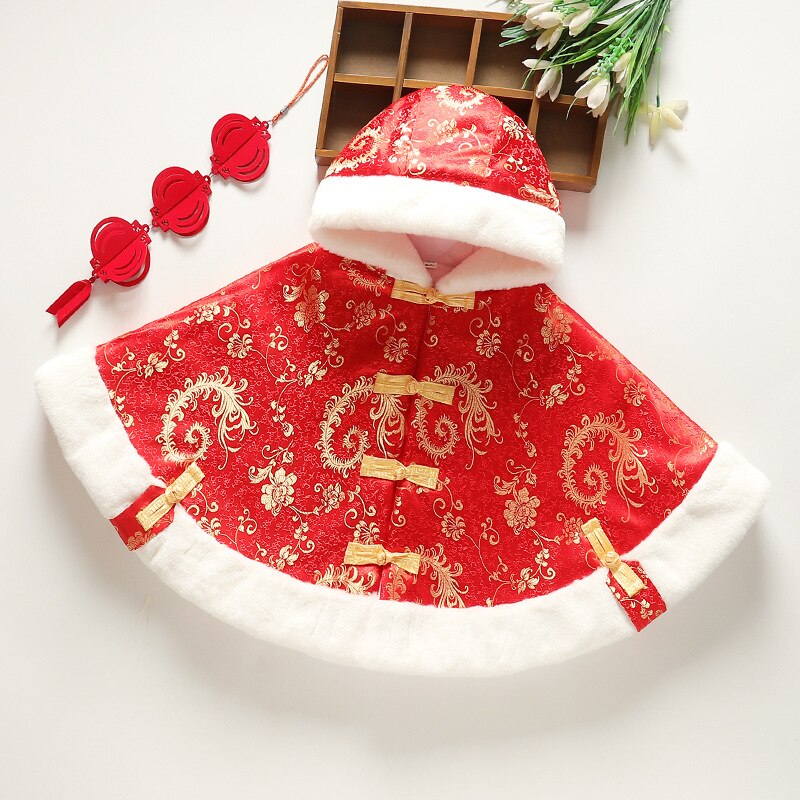 Tang Suit Baby Cloak Children's Chinese Top New Year's Wear Festive Windproof Plus Velvet Hooded Cloak Thickened Warm Bucket