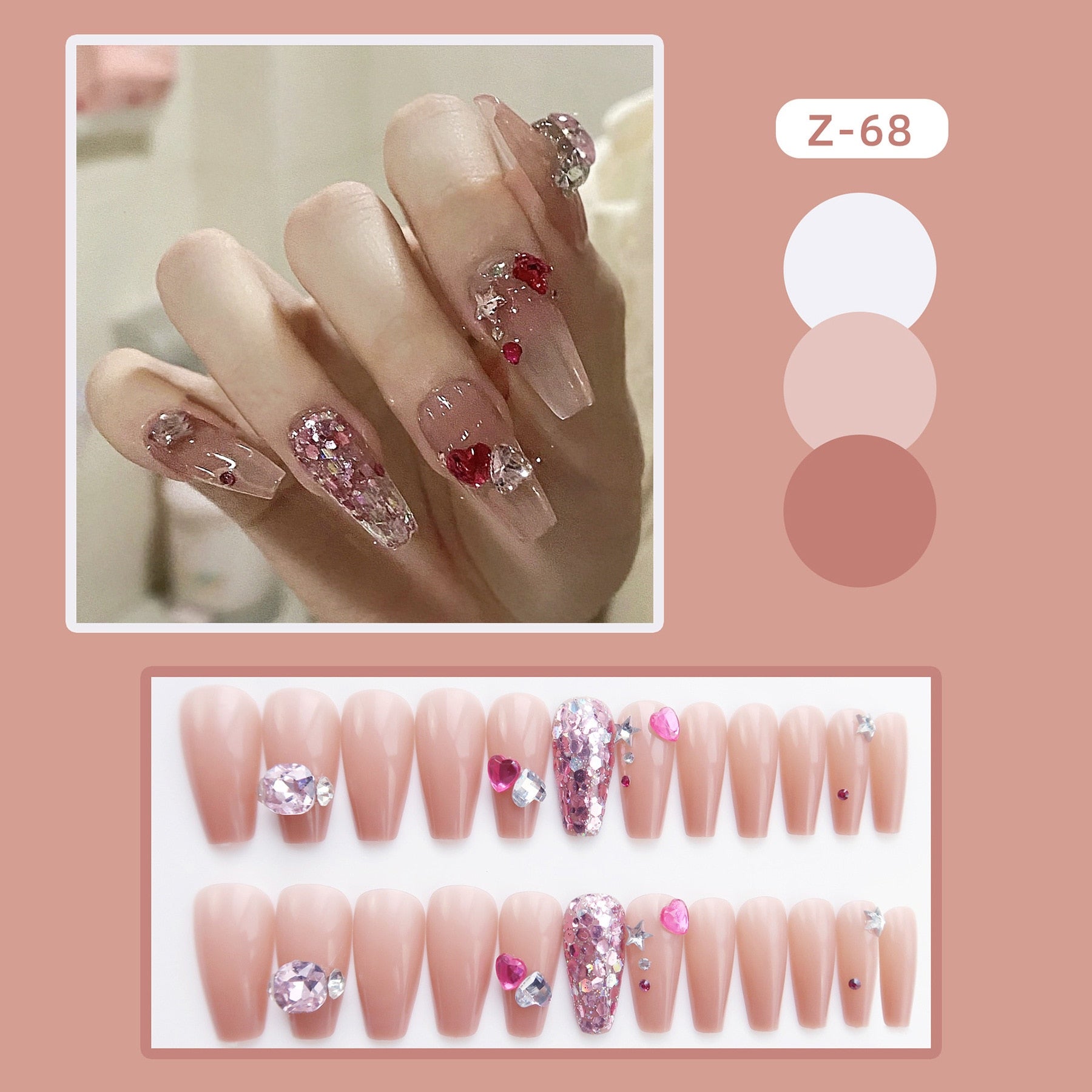 24Pcs Coffin Pink False Nails 3D Heart Diamond y2k Mid-length Fake Nails Full Finished Tulip Pattern Fake Nail Patches For Girls