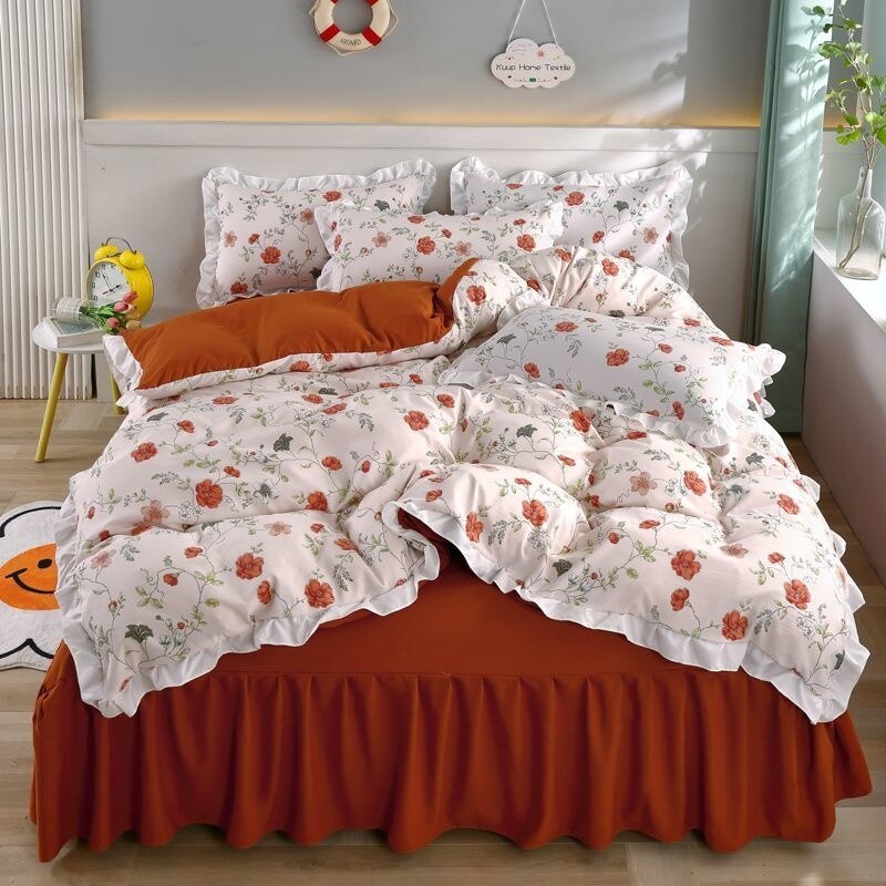 Simple Bedding Set Cute Girl Ruffle Lace Duvet Cover Bed Sheet Pillowcase Kawaii Cartoon Flower Quilt Cover 240x220cm