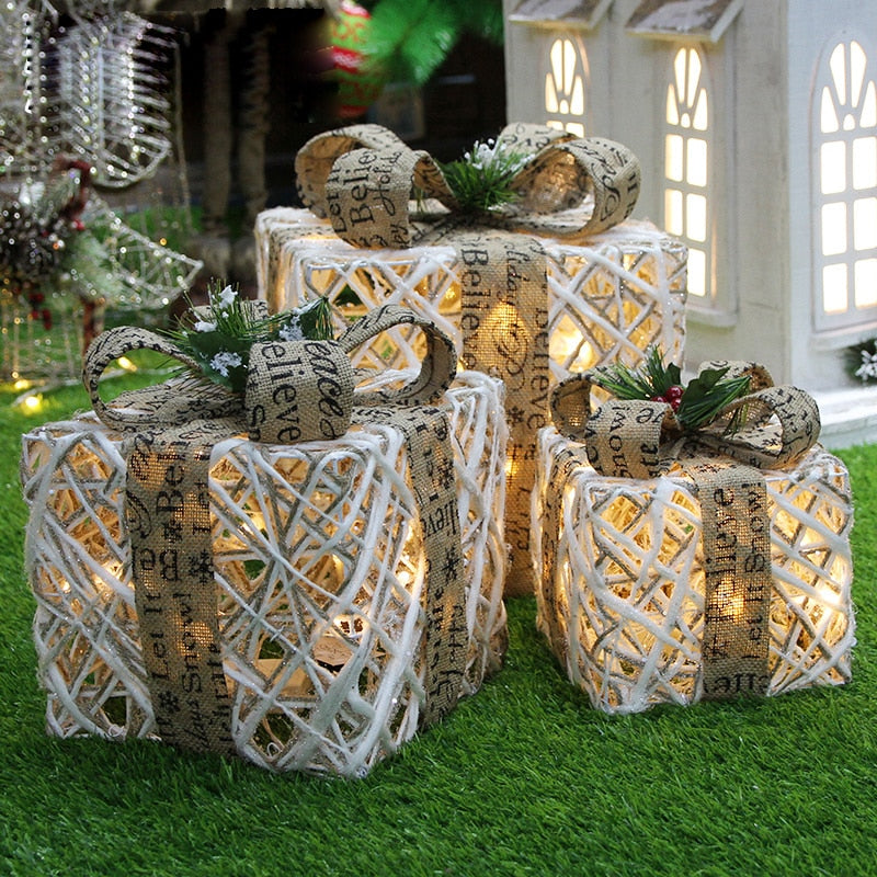 Qfdian Christmas Decoration Three-piece Gift Box Christmas Tree Ornaments Luminous Iron Art Home Outdoor Christmas Decorations Mall