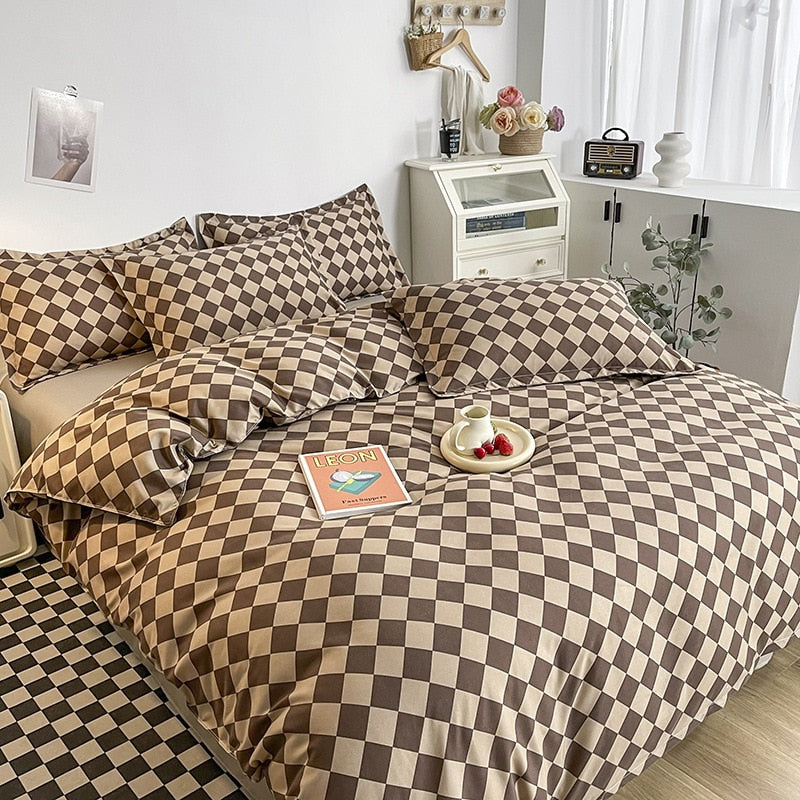 Vintage Checkerboard Bedding Coffee Blue Soft Single Full Queen Size Boys Girls Duvet Cover No Filler Flat Sheet Pillowcases Kit