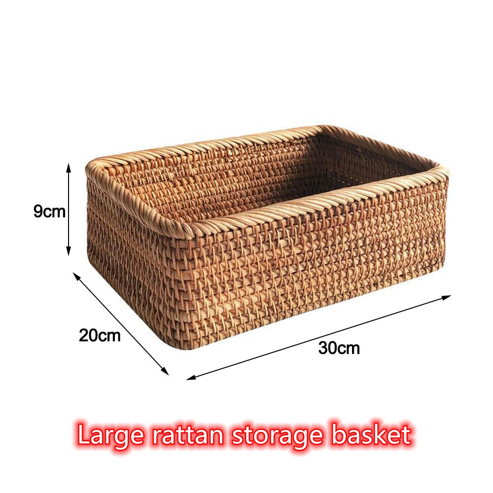 Qfdian home decor hot sale new Hand-woven Rattan Wicker Basket Fruit Tea Snack Bread Basket Cosmetic Rectangular Storage Box Household Kitchen Supplies