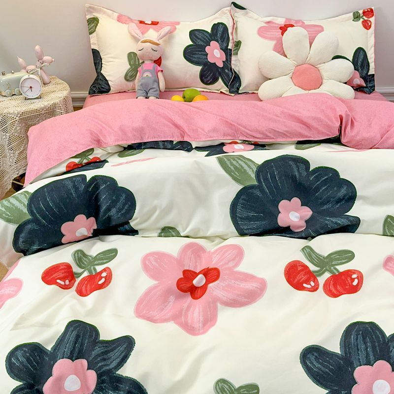 Floral Bedding Set Kawaii Rabbit Duvet Cover Flat Sheet Pillowcase Soft Bed Linens Single Full Dormitory Bedroom Home Textile