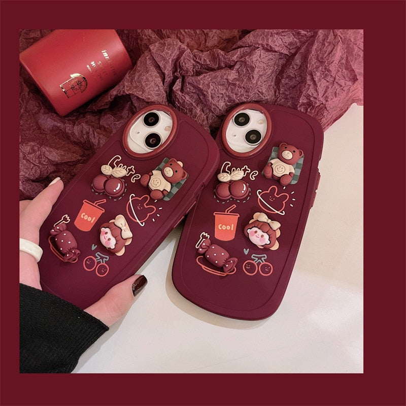 Qfdian iphone 13 pro max case For iphone 11 12 13 Pro Max XR Xs Max Phone Case Three-dimensional Cute Fashion Cartoon Girl Bear Candy Cherry Oval Frame Cover