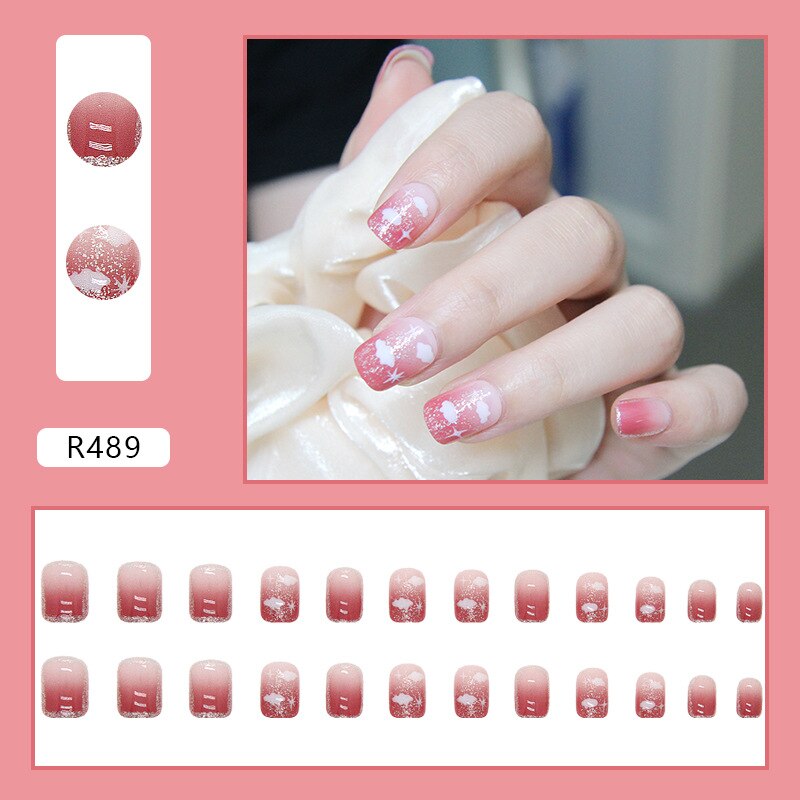 24PCS/Box 2023 New Artificial Nails With Glue Milky White Pink Gradients Long Ballet Full Cover Acrylic Nail Stick Fake Nail Tips