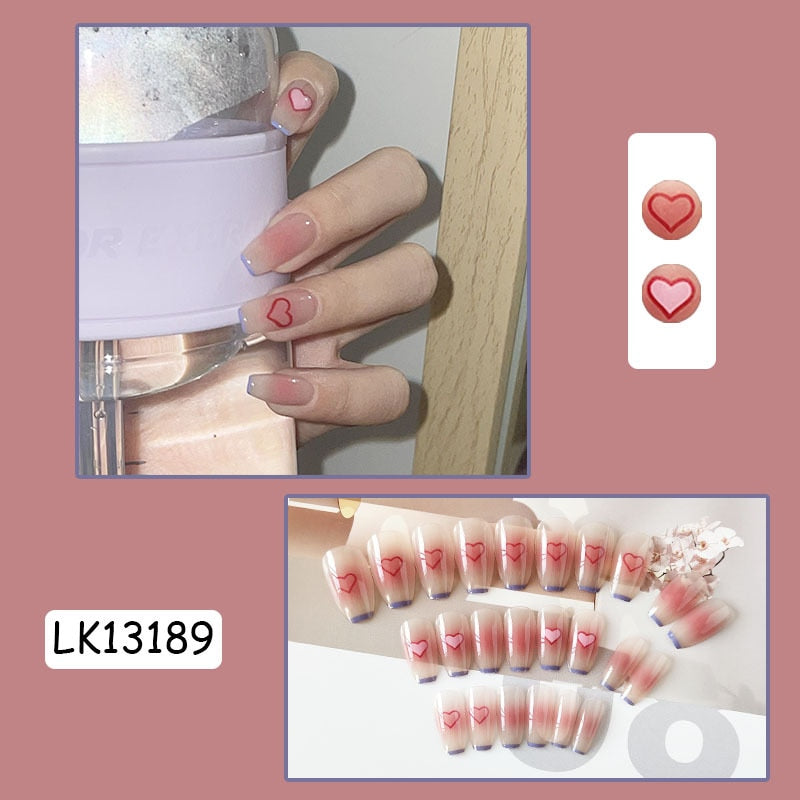 24Pcs Coffin Pink False Nails 3D Heart Diamond y2k Mid-length Fake Nails Full Finished Tulip Pattern Fake Nail Patches For Girls