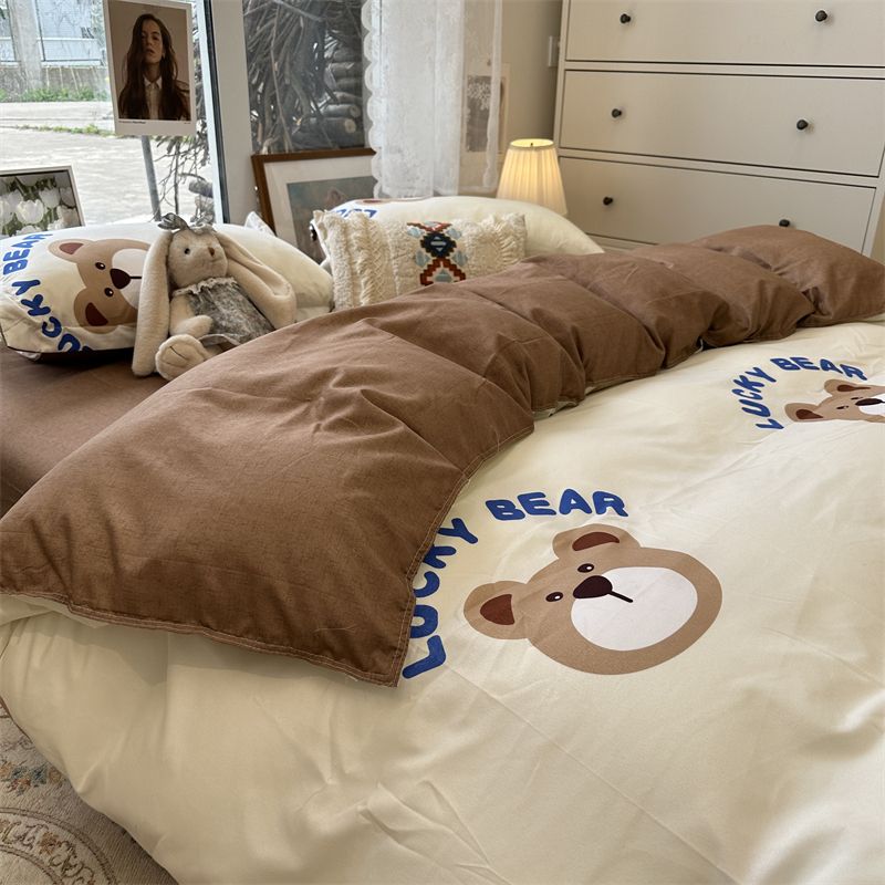 Fashion Bedding Set Kawaii Bear Boys Girls Duvet Cover Flat Sheet Pillowcase 2023 Spring Soft Single Double Size Bed Linen