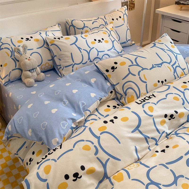 Qfdian Four Piece Bedding Set Cartoon Printed Cotton Bedsheets Set with Pillows Case Quilt Cover Three Piece Suit Home Textiles