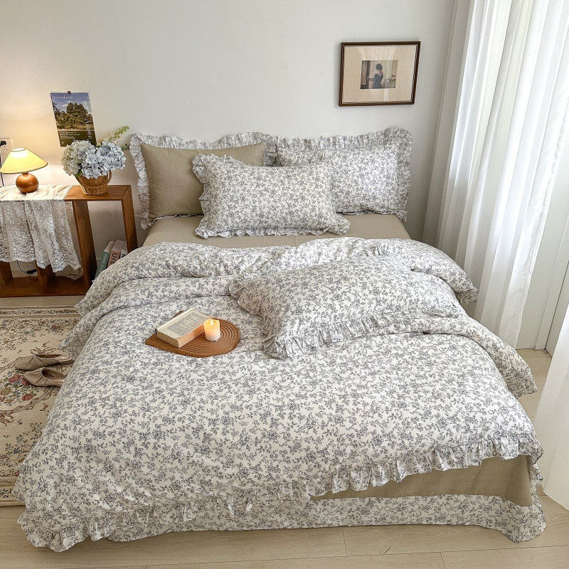 Qfdian 100% Cotton Small Floral Printed Lace Ruffle Bedding Set Simple Fresh Flower Single Duvet Cover Set Bed Linen Set Pillowcases