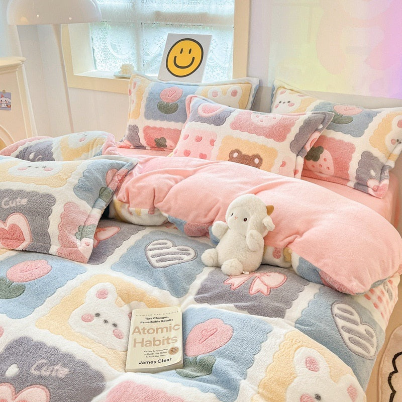 Winter Thick Warm Plush Comforter Cover Queen Bedding Sets Cartoon Quilt Cover Bed Sheet Pillowcase 4pcs Luxury Bed Linens