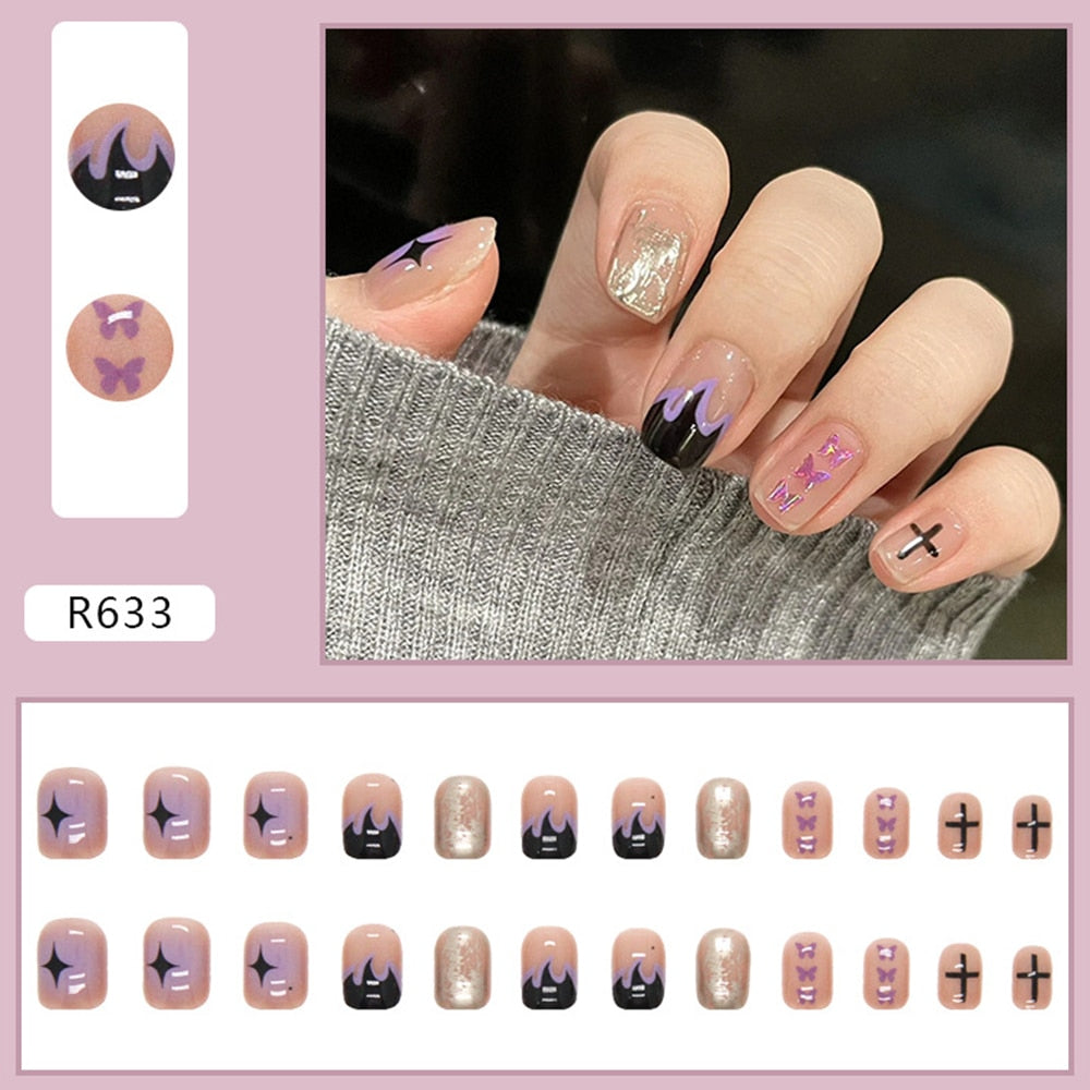 24pcs Gradient False Nails Cute Star Printed Design Fake Nail Short Square Faux Ongles Manicure Nail Stickers Press On Nail Tips