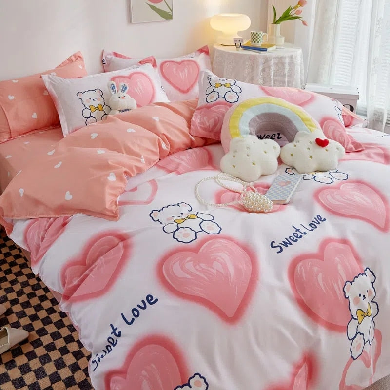 Qfdian Ins Princess Pink Heart Duvet Cover Home Textile Pillow Case Bed Sheet Kids Girls Bedding Covers Set King Queen Twin Cute Kawaii