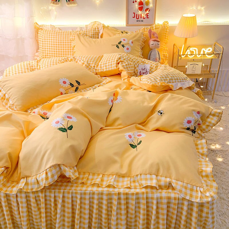 Girls Flowers Bedding Set Korean Princess Lace Ruffle Bed Skirt Quilt Cover Floral Duvet Cover Decor Home Simple Bedclothes