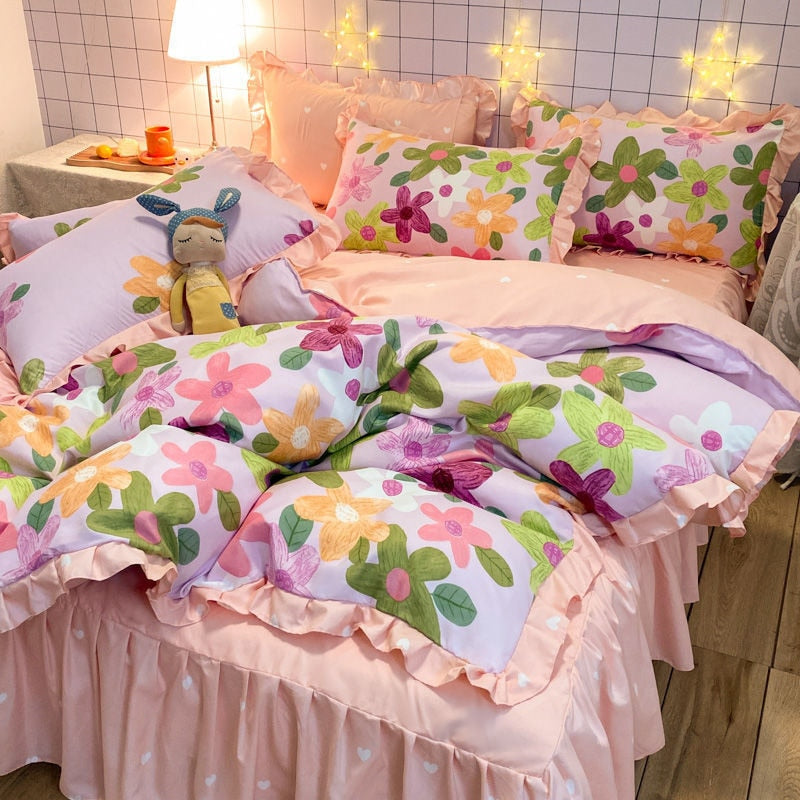 Floral Duvet Cover Set With Bed Skirt Pillowcase Princess Style Bedding Sets For Girl Woman Bed Linens Decor Bedroom 150x200cm