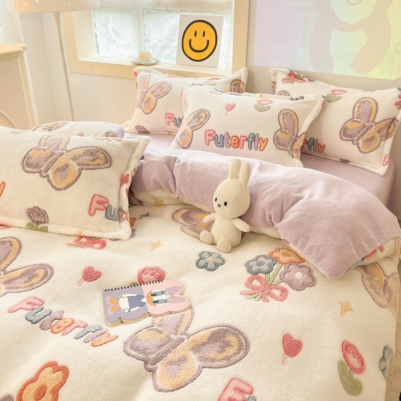 Winter Thick Warm Plush Comforter Cover Queen Bedding Sets Cartoon Quilt Cover Bed Sheet Pillowcase 4pcs Luxury Bed Linens