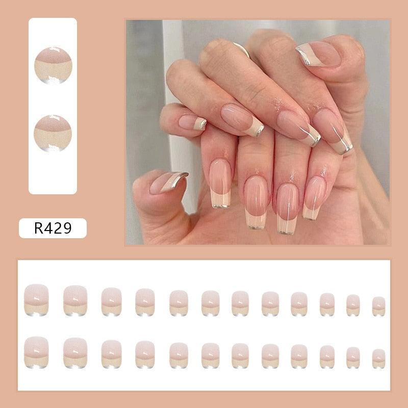 24PCS/Box 2023 New Artificial Nails With Glue Milky White Pink Gradients Long Ballet Full Cover Acrylic Nail Stick Fake Nail Tips