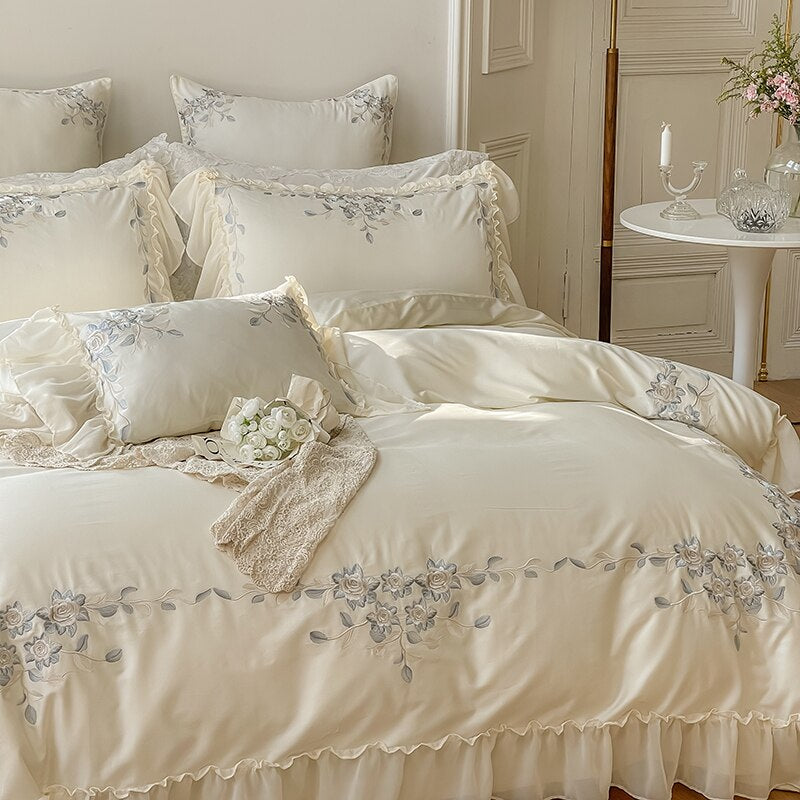 French Style Embroidered Bedding Set 100S AUS Cotton Bed Sheet Pillowcases&Duvet Cover with Chiffon Design(Queen King Size,4pcs)