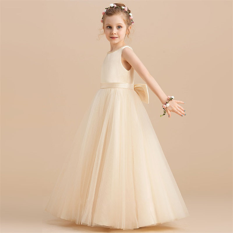 Qfdian Teen Girl Party Dress for Wedding Backless Princess Dress Girl Bridesmaid Pearl Sleeveless Long Dress Child Ceremony Event Gowns