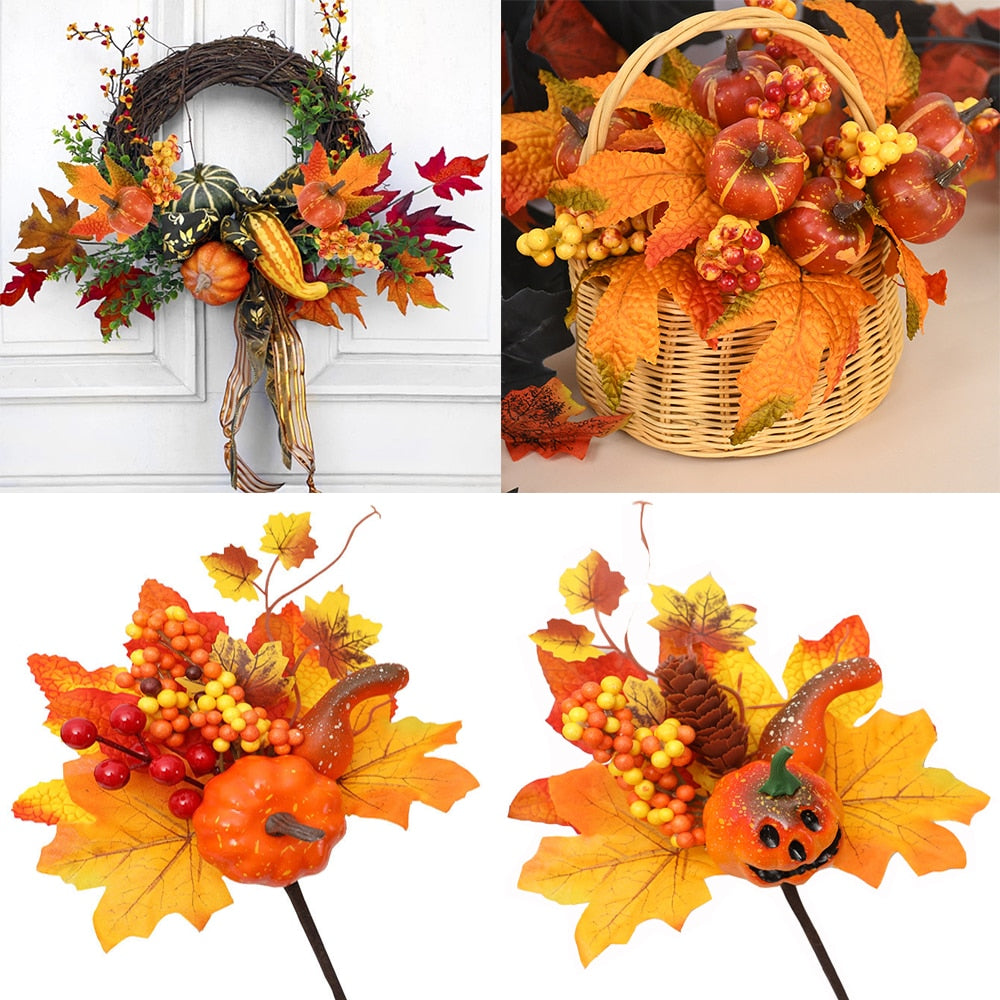 Qfdian halloween decorations halloween costumes halloween giftArtificial Maple Leaf Pumpkin Berry Branches Harvest Autumn Decoration Ornament Halloween Decor for Home Thanksgiving DIY Crafts