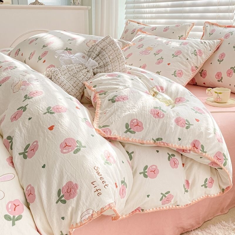 Cute Orange Bedding Sets ins Flower Duvet Cover Bed Sheet Soft Washed Cotton For Girl Single Size Bedspread