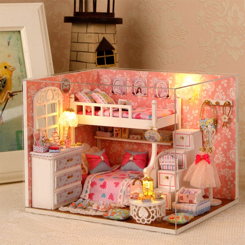 Qfdian Mini Dollhouse kit with Dust Cover Diy Wooden Doll House Miniatures Kit Dollhouse Furniture Accessories Toys for Childre