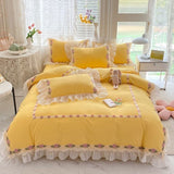 INS Korean Embroidery Ruffles Lace Bed Skirt Bedding Set Princess Girls Duvet Cover Pillowcase Solid Color Quilt Over Decor Home